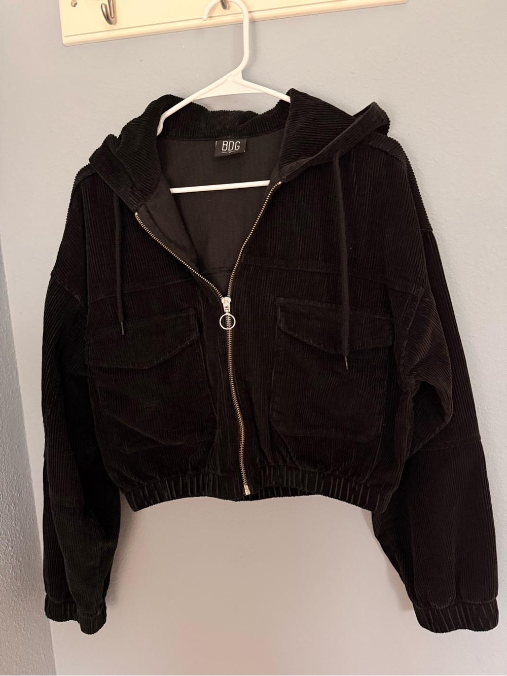 BDG Black Corduroy Hooded Zip-Up Bomber Jacket Small